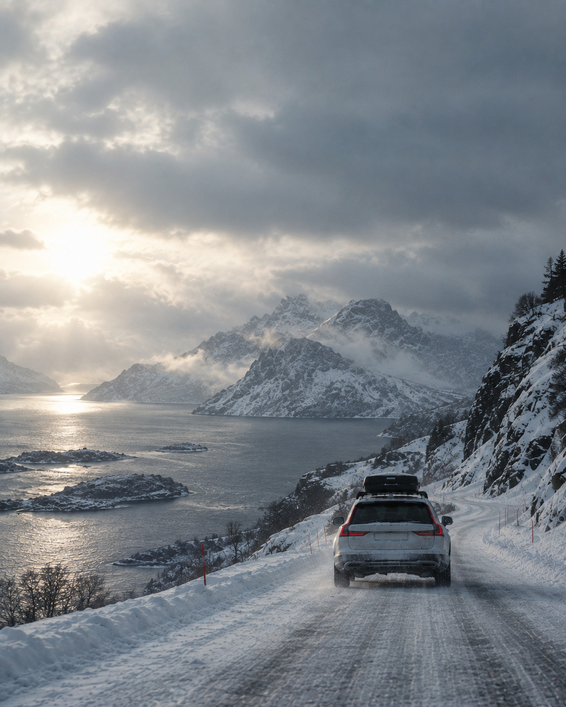 A car on a snow-covered coastal mountain road in the Nordic winter